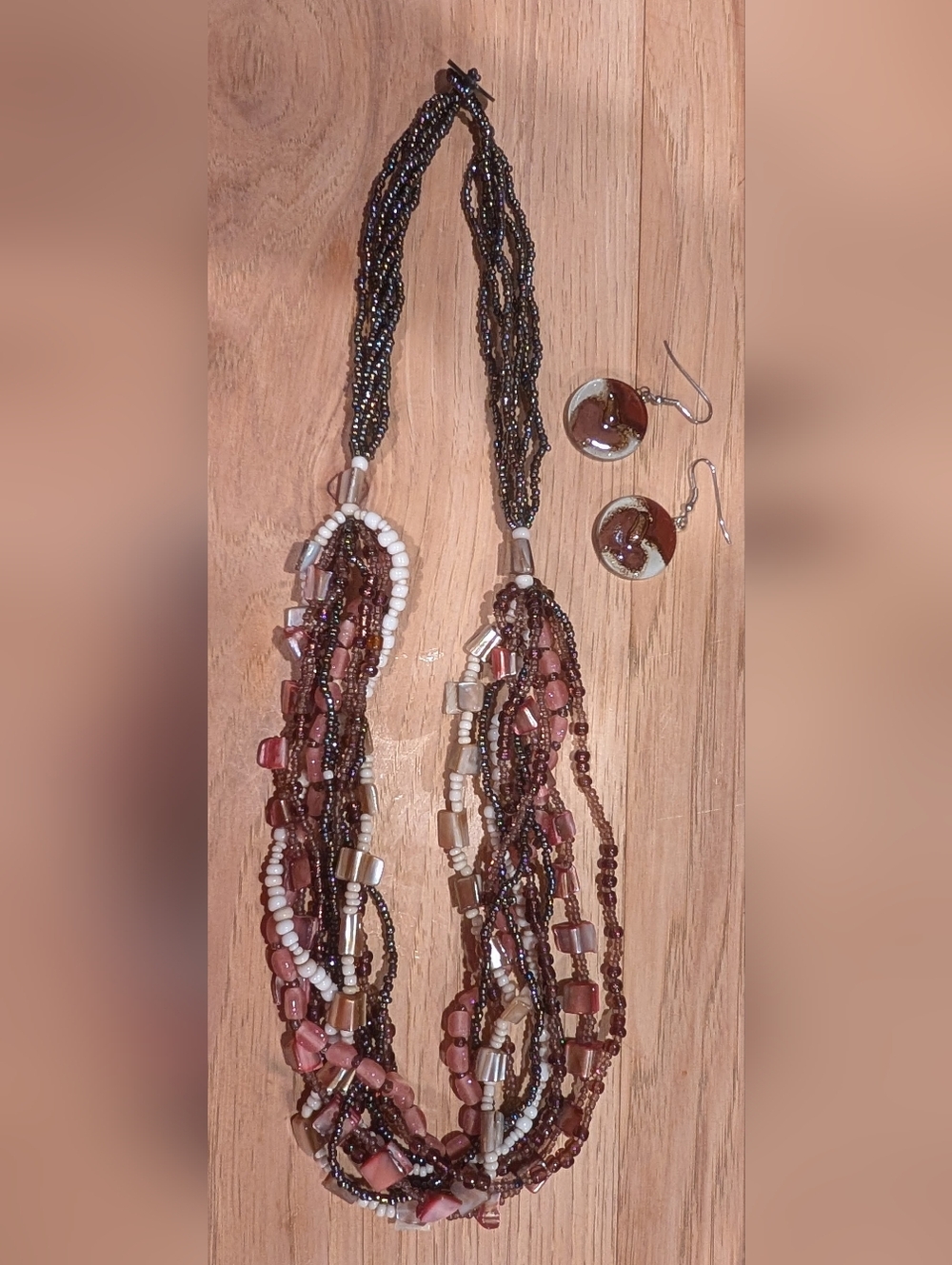 Layered Brown Pink And Cream Beaded Necklace with Matching Earrings